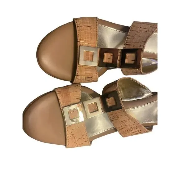 EuroSoft By SOFFT Fashion Womens 9.5M Tan Upper Cork Wedge Heel Sandals Leather - Picture 2 of 4